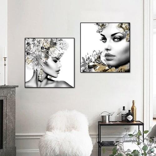 Abstract Women Girls Head With Flowers Painting Posters and Prints Nordic Canvas Wall Art For Living Room Home Decoration