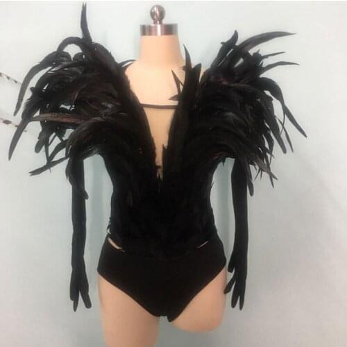 Black chicken tail feather split stage costume sets bar nightclub performance gogo party show savage costume