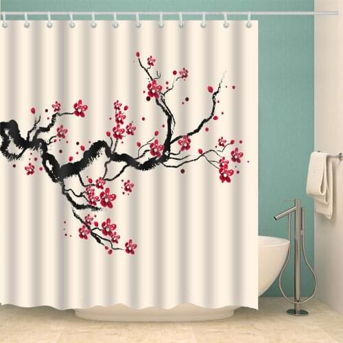 Artistic Shower Curtain Plum Blossom Fashion Bath Accessories with 12 Hooks Waterproof Polyester Fabric Bathroom Decoration