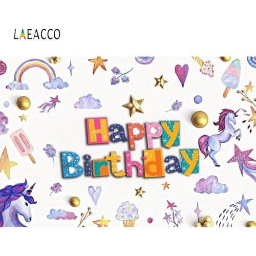 Laeacco Baby Birthday Photocall Rainbow Clouds Unicorn Ice Cream Stars Photography Background Baby Shower Newborn Photo Backdrop