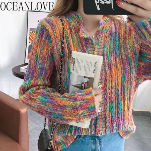 OCEANLOVE Women Sweaters Colorful Fashion Korean Vintage Cardigans Autumn Winter Sweet Ladies Tops Mujer Chaqueta Loose 17811