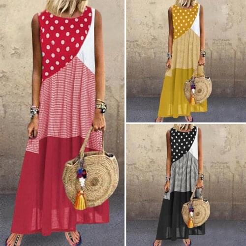 Vintage Dress VONDA Women Summer Dress Casual Print Sundress Sleeveless Bohemian Polka Dot Maxi Female Patchwork Vestidos Robe