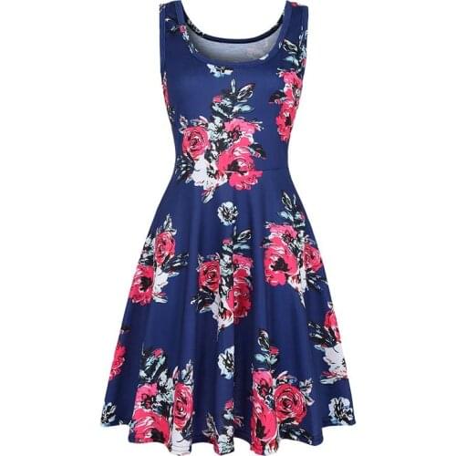 Summer Women Retro Sleeveless Square Neck Rose Printed Patchwork Casual Long A-line Dresses Female