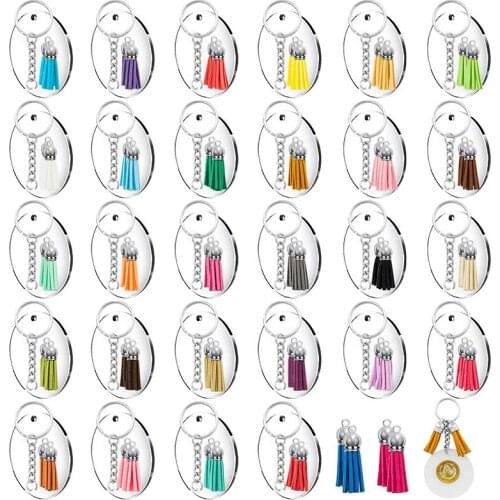Practical 144Pcs Acrylic Transparent Discs Blank Keychains Circle Key Chains and Tassel Pendant Keyring for DIY Project and Craf
