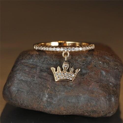 Boho Gold Silver Color Bridal Wedding Ring White Crystal Small Stone Engagement Ring Female Luxury Crown Pendant Rings For Women