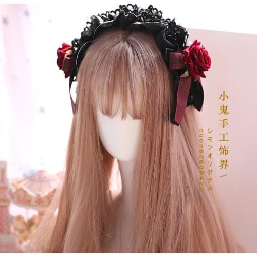 Dark hand made lolita kc gorgeous bow headband wine red rose Lolita headband Cosplay show