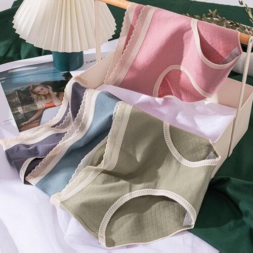 Wasteheart Women Fashion Gray Purple Pink Cotton Mid Waist Lace Panties Underwear Lingerie Briefs Underpants Briefs M L XL