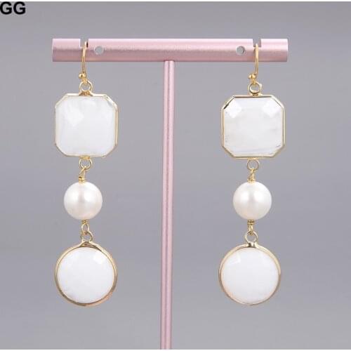 GuaiGuai Jewelry Natural White Sea Shell Pearl White Crystal Dangle Hook Earrings