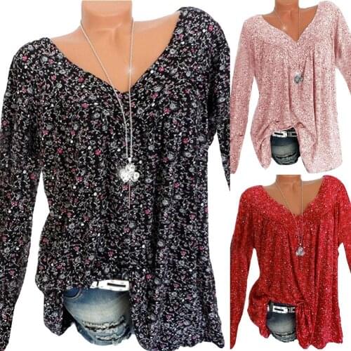 Summer Autumn Plus Size 5XL Floral Print V Neck Long Sleeve Women Loose T-Shirt Top Sexy Loose T-shirt Women clothing 2021