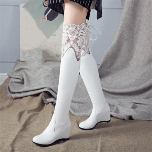 PXELENA Lace Autumn Over The Knee Boots Women Shoes Black White Hidden Heels Slip On Slim Fit Thigh High Boots Plus Size 34-43