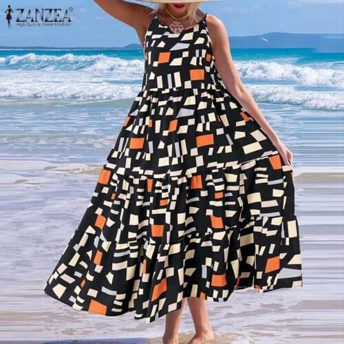 ZANZEA Women Printed Sundress Summer Bohemian Beach Holiday Dress Casual Straps A-line Long Geometric Vestidos Kaftan