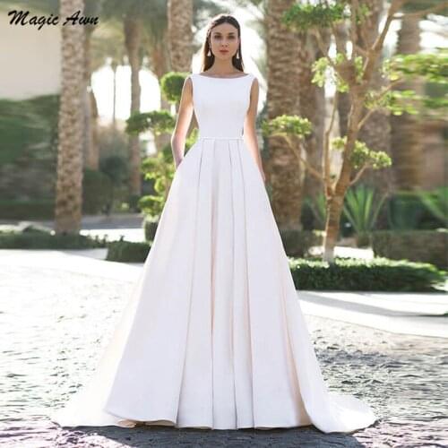 Magic Awn Elegant Satin Wedding Dresses With Pockets Sleeveless Corset Back A-Line Simple Wedding Party Dress Customized Vestido