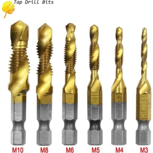 6Pcs Hex Shank Titanium Plated HSS Screw Thread Metric Tap Drill Bits Screw Machine Compound tap M3 M4 M5 M6 M8 M10 Hand Tools