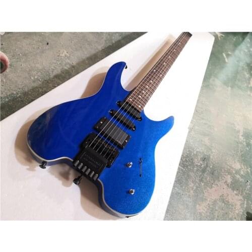 Free shipping order booking 6 strings metal blueguitar, black bridge SSH pickups,black maple neck,headless guitar