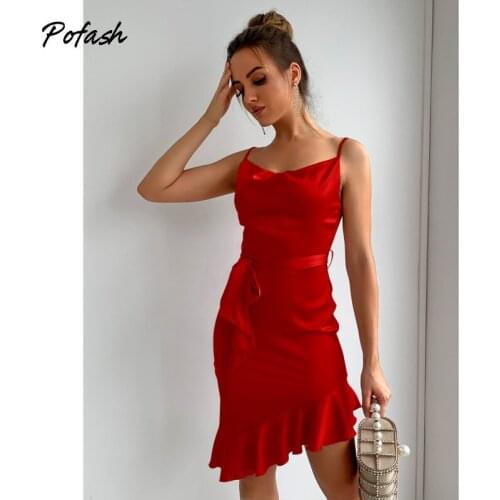 Pofash Satin Red Ruffle Summer Dresses Women Clothing Spaghetti Strap Backless Sexy Party Club Vestidos 2021 Bosycon Midi Dress