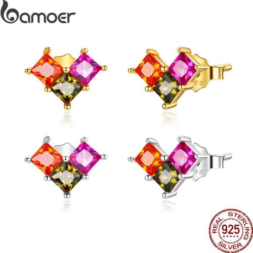 BAMOER Colorful Love Stud Earrings Different Colors Three-dimensional Zircons Earrings for Women Gift Fashion Jewelry SCE1170