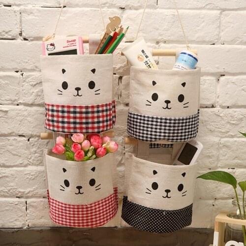 Cotton Canvas Cartoon Cute Cat Fabric Wall Hanging Storage Bag Simple Door Storage Bag Ornaments Storage Bag