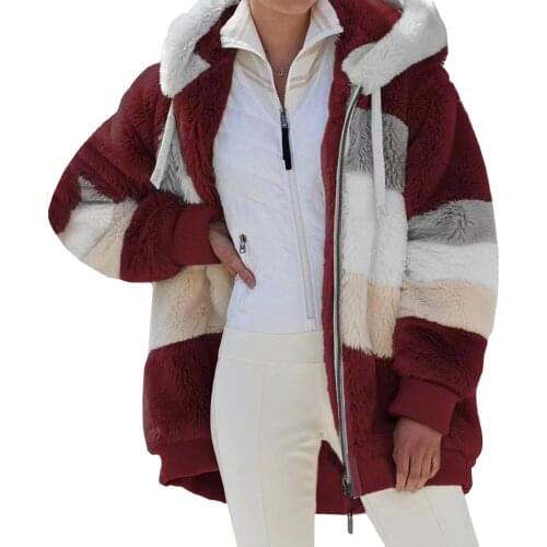 IMCUTE Winter Zipper Cardigan Plush Warm Jacket Womens Large Size Loose Color Blocking Drawstring Long Sleeve Hoodie Coat 5XL