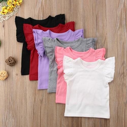 Baby Girls Summer T-shirts Flying Sleeves Tops Shirts Outfits Kid Solid Clothes Tee For Infant Girls Boys Top Tank 0-4Y