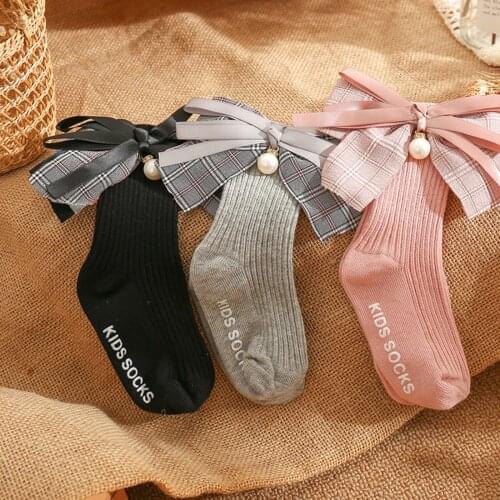 Princess Toddler Kids Girls Socks Cute Baby Girls Plaid Bowknot Medium Tube Socks Anti-Slip Ribbed Stocking for Spring Fall