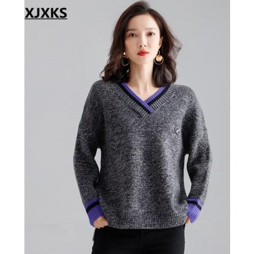 XJXKS Fashion V-neck Ladies Winter Sweater Loose Plus Size Comfortable Cashmere Knitted Sweater Ladies Pullover