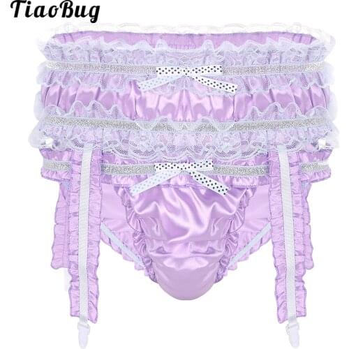 TiaoBug Mens Lingerie Soft Shiny Satin Ruffled Frilly Low Rise Stretchy Sissy Bikini Briefs Underwear Panties With Garters