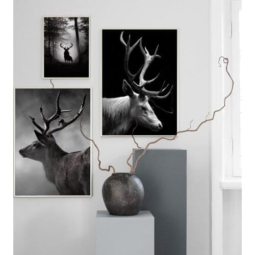 Black White Elk Deer Forest Landscape Wall Art Canvas Painting Nordic Posters and Prints Wall Pictures for Living Home Decor