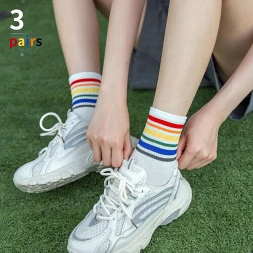 Rainbow Socks Women Set Korean Fashion InsTrend Womens Short Socks Cotton White Black Female Spring Summer Casual 3 Pairs