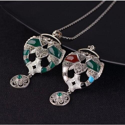 BOCAI New Real Pure S925 Silver Woman Pendant Jewelry Retro Fashionable Pisces Peach Heart Inlaid Agate/Shell Pendant for Woman