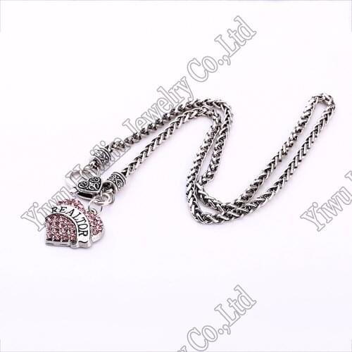 Rhodium plated Realtor with clear crystal heart pendant necklace