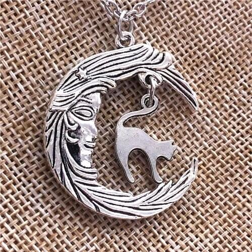 Gothic Crescent Moon Necklace Wizard Magic Pagan Cute cat Pendants Antique Silver Color Chain Choker Necklace Fashion Jewelry