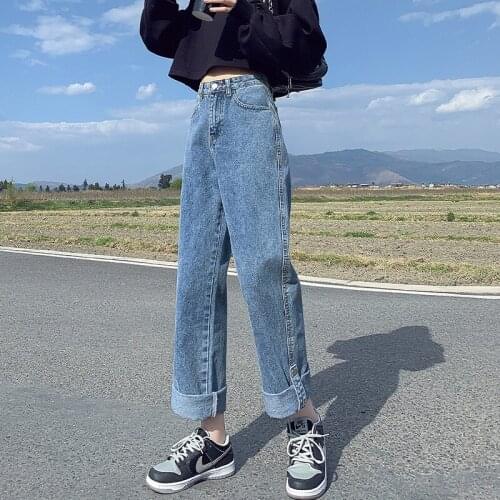 GUUZYUVIZ Straight Boyfriend Jeans Blue Denim Pants High Waist Mom Jeans Plus Size Jean Trousers Loose Casual Vintage Korean