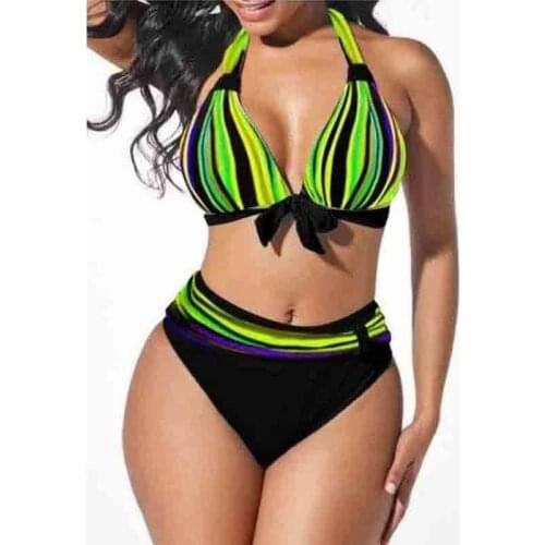 Plus Size Neon Striped Bikini Set Push Up Women High Waist Halter Beach Swimwear Retro Bowknot Bathing Suit Swimming Suit