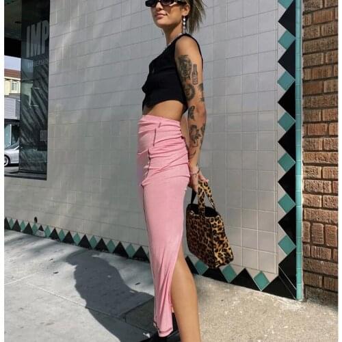 Y2K 2021 Women Casual Close-fitting Long Skirt Pink Elastic High Waist Slit S/ M/ L/ XL