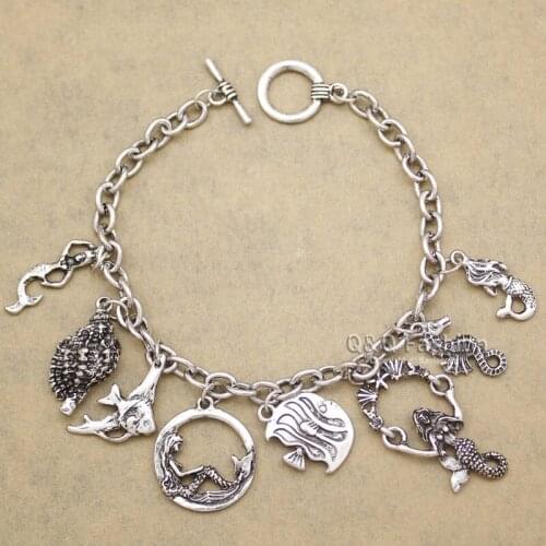 Retro Princess Ariel Mermaid Sea Horse Conch Charm Toggle Cuff Bangle Chain Bracelets For Women bileklik pulseira feminina DIY