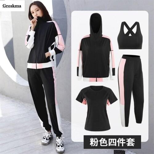 Patchwork women yoga 4 piece set coats+t shirt+bra+pants outdoor sports running clothing fitness gym suits training sets