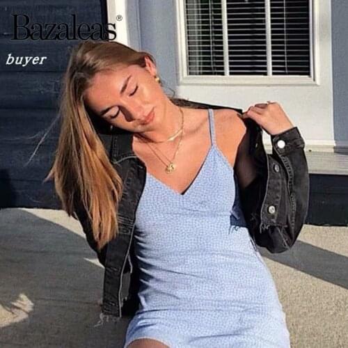 Bazaleas Streetwear Blue Floral Print women mini dress Sexy Spaghetti Strap V Neck vestido Club dress women