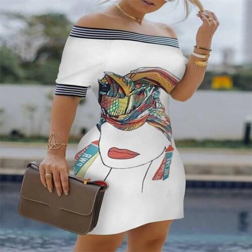 2021 Summer Casual Off Shoulder Creative Face Pattern White Mini Bodycon Womens Dress Short Sleeve Slim Party Sexy Tight Robes