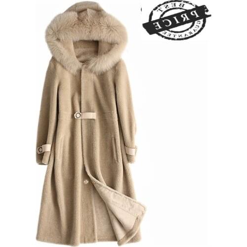 Winter Jacket Women Real Sheep Shearing Fur Coat Female Long Warm Parka Real Fox Fur Collar Hooded Spring Clothes LWL13a2