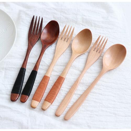 1 Set Natural Wooden Spoon & Fork Dinner Kit Rice Soups Utensil Cereal Coffee Spoon Handmade Home Dinnerware Cutlery for Kitchen