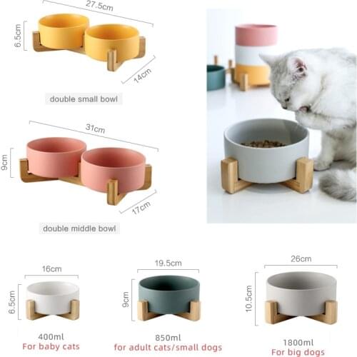 Dog Cat Feeder Accessories Food Water Ceramic Pet Bowl With Bamboo Wooden Stand