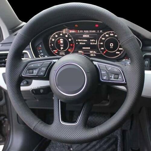 DIY Black Genuine Leather Car Accessories Steering Wheel Cover For Audi A4 (B9) Avant A5 (F5) Q2 A1 (8X) Sportback A3 (8V)