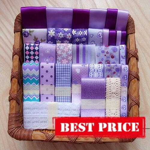 Free shipping 30 YDS Mixed 30 style purple series satin / grosgrain/cotton lace ribbon DIY ribbons set