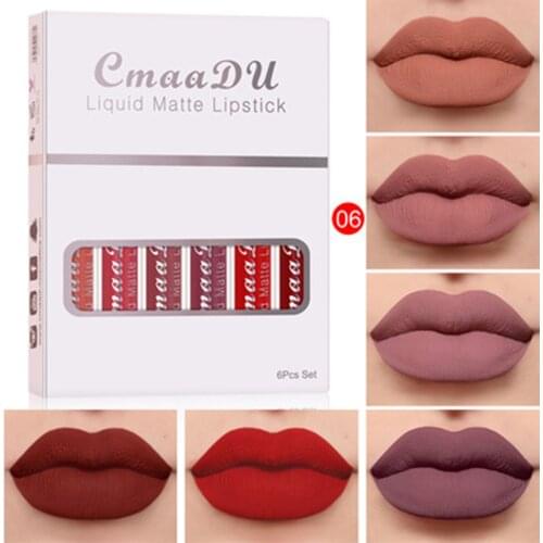 6Pcs/Set CmaaDu Girls Fashion Makeup Valentines Day Gift No Fading Lipstick Matte Velvet Waterproof Long Lasting Lip Glaze