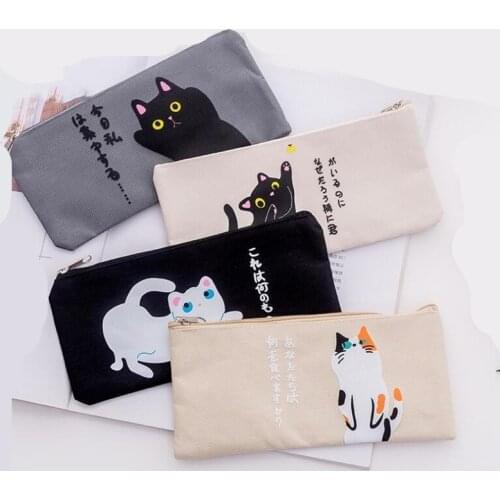 Cartoon Cat Pencil Case For Girls Canvas School Supplies Stationery School Pencil Bag Cute Pen Case