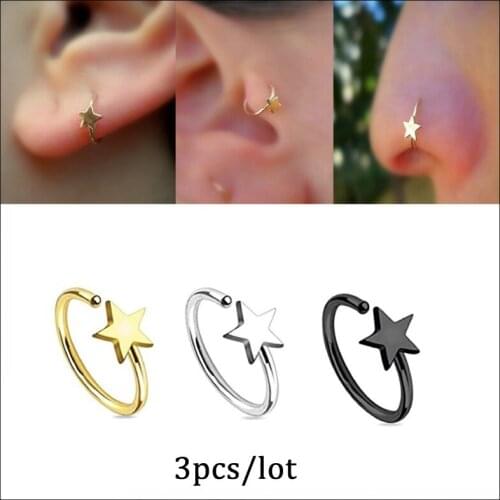 3pcs Star Nose Ring Stainless Steel Cartilage Tragus Helix Nose Piercing Earring Hinger Septum Studs Rings Women Jewelry