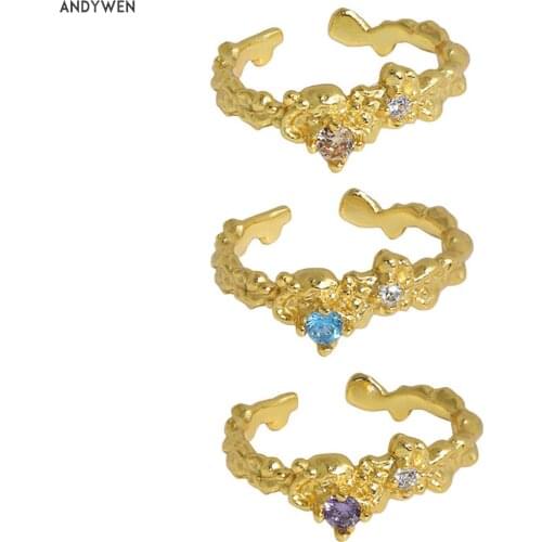 ANDYWEN 925 Sterling Silver Gold Champagne Blue Purple Rings Resizable Irregula Geometric Ring Jewelry For Rock Punk Gift