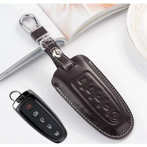 Leather Car Key FOB Cover For Ford Fusion Edge Explorer 2011 2012 Lincoln MKC 2013 MKS MKT Accessories Key Case Key Holder Chain