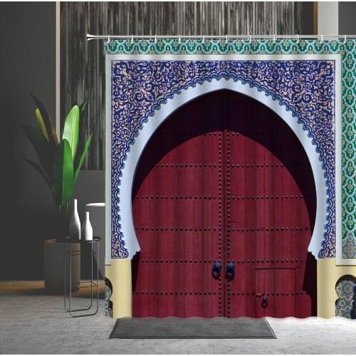 Moroccan Shower Curtain Aged Gate Geometric Pattern Antique Wall Decoration Screen Waterproof With Hooks Hanging Curtains