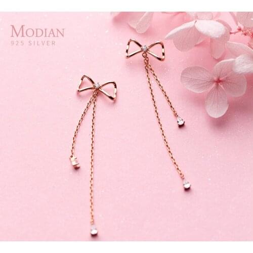 Modian Simple Rose Gold Color Bowknot Long Tassel Swing Drop Earrings For Women Sterling Silver 925 Dangle Earring Charm Jewelry